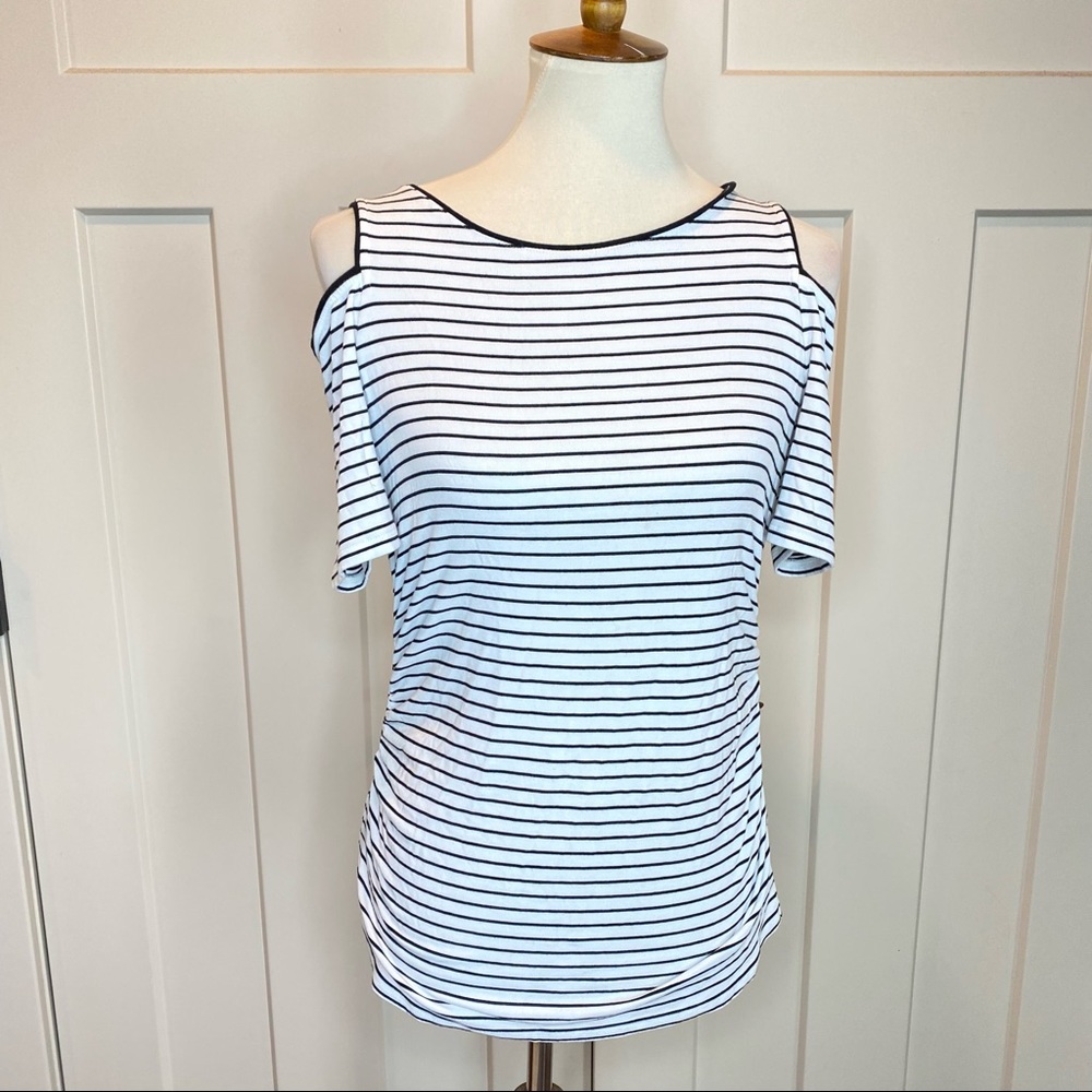 White House Black Market White Black Striped Cold-Shoulder Top